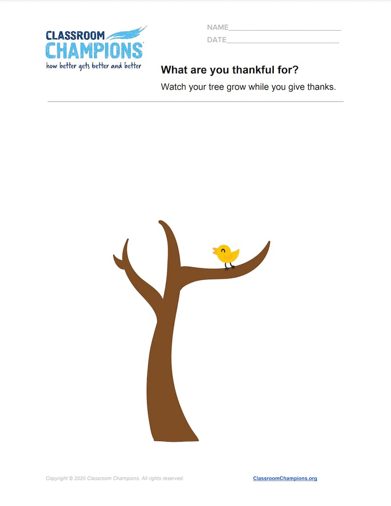 Preview image of a worksheet, reading 'What are you thankful for?' and an exercise involving an image of a tree.