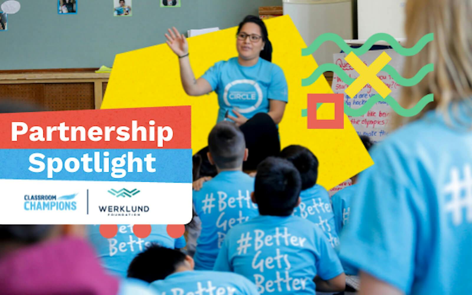 A teacher in a blue shirt, teaching a class alongside the text 'Partnership Spotlight'