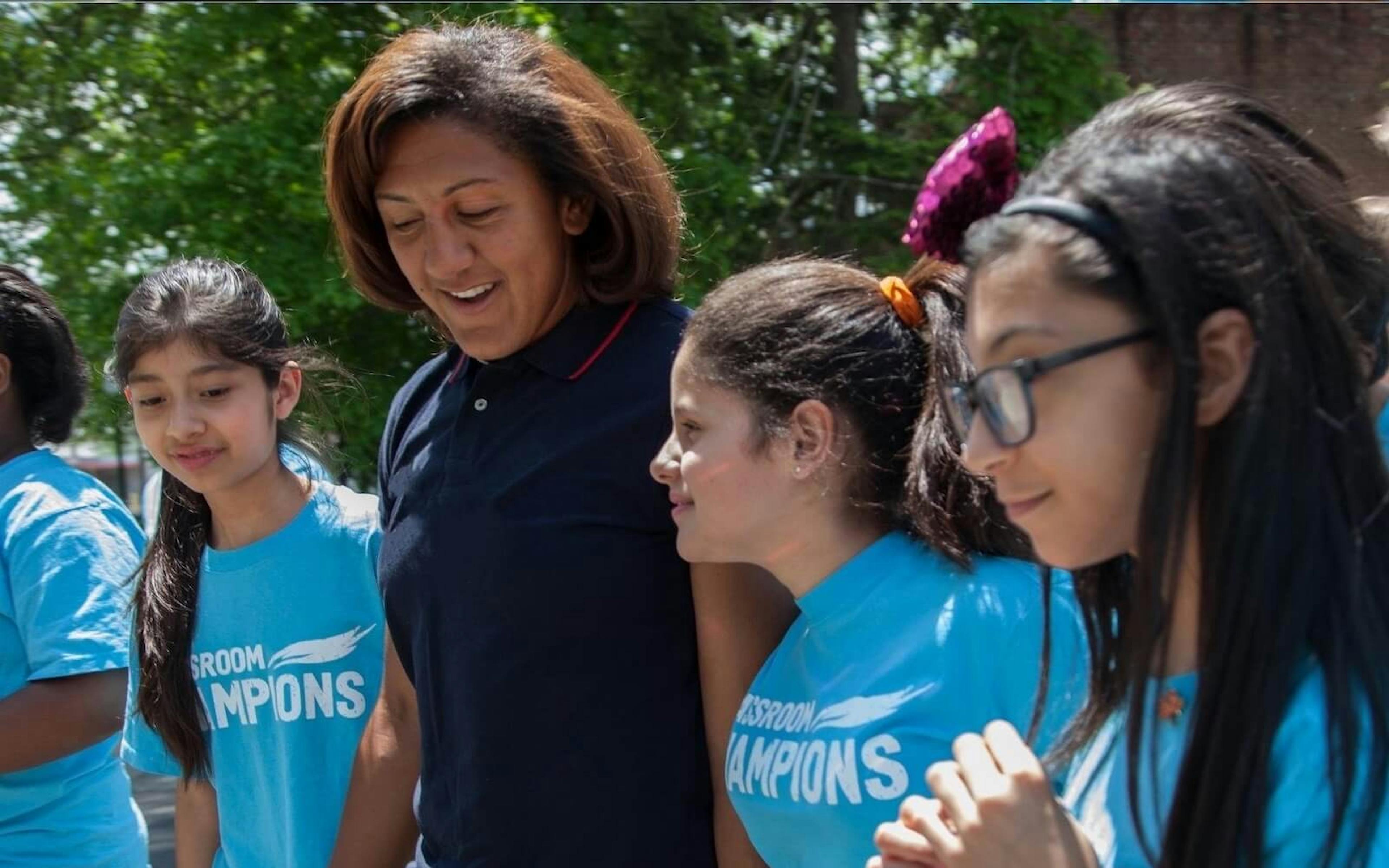 Elana Meyers Taylor with a group of Classroom Champions participants
