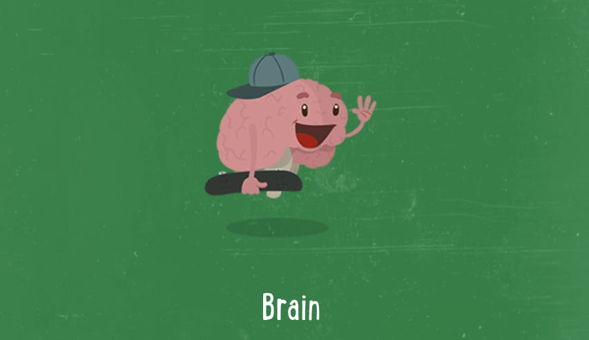 Illustration of a brain with a hat and holding a skateboard