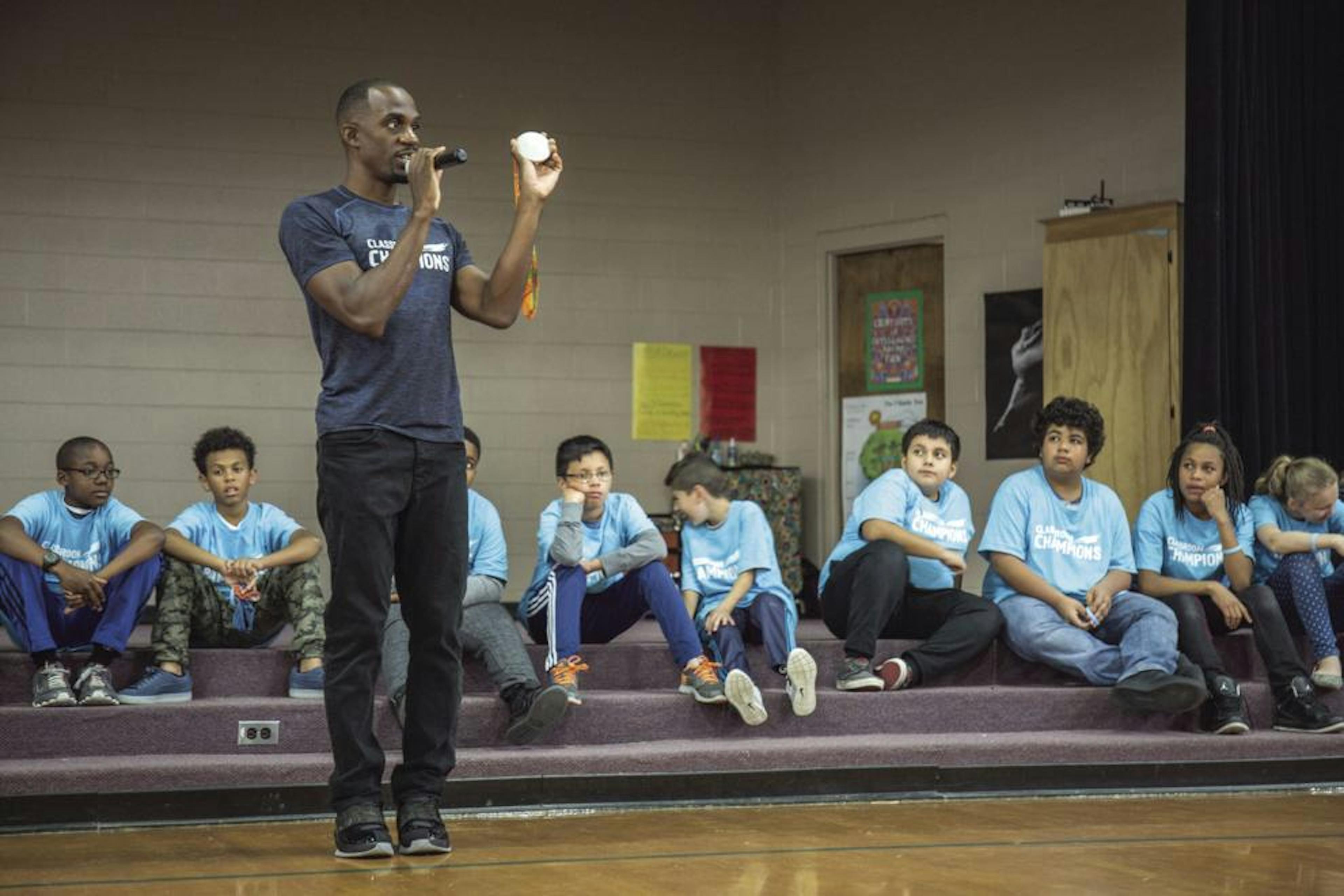 Paralympian and Athlete Mentor Lex Gillette speaks with Christina’s students.