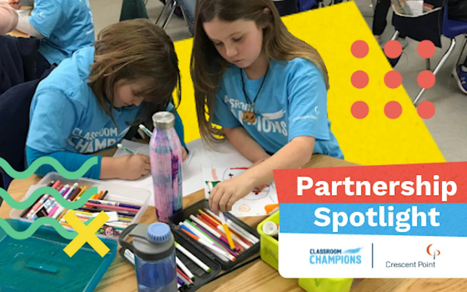 Two children work on an art project, alongside the text 'Partnership Spotlight'