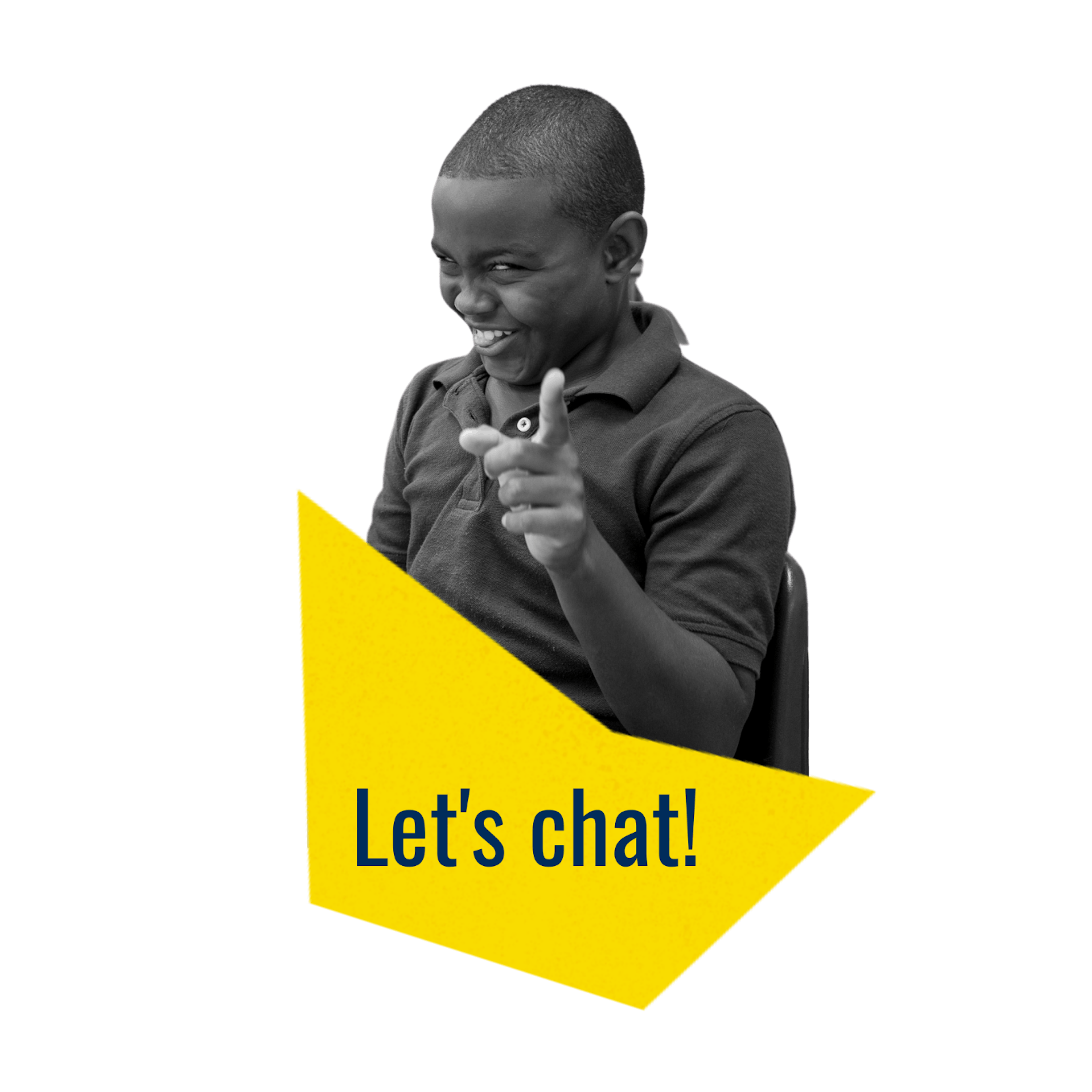 Boy pointing with the text "Let's Chat!"