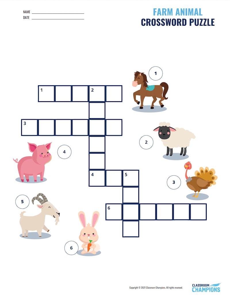 Preview image of a farm animal crossword puzzle worksheet