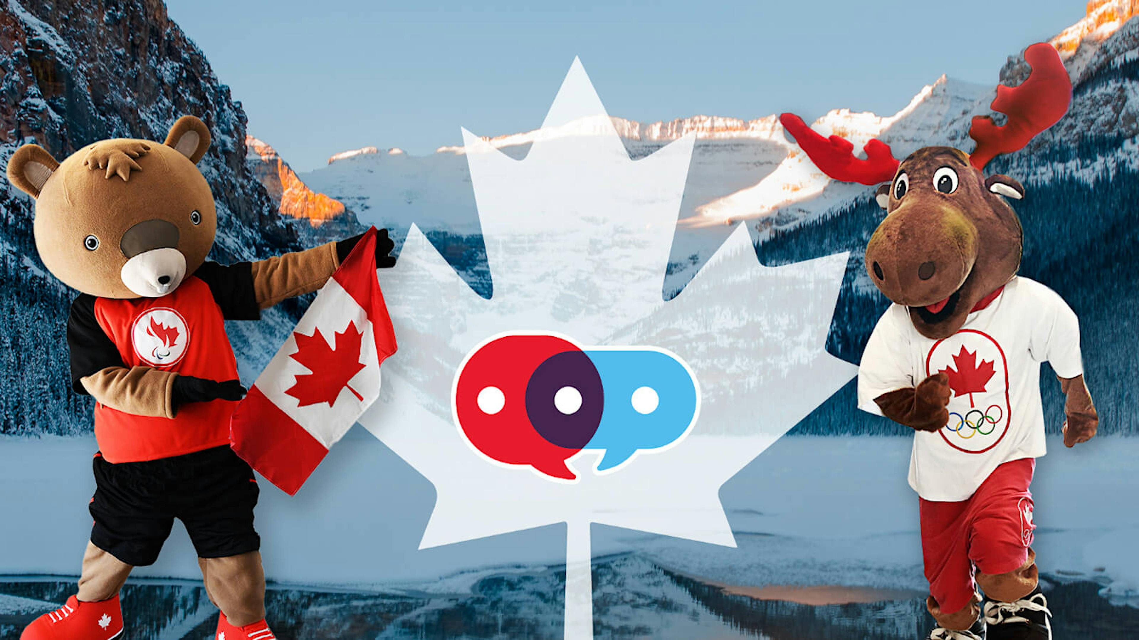 A beaver and moose wearing Canadian Olympic shirts, next to a maple leaf overlaid with chat icons.