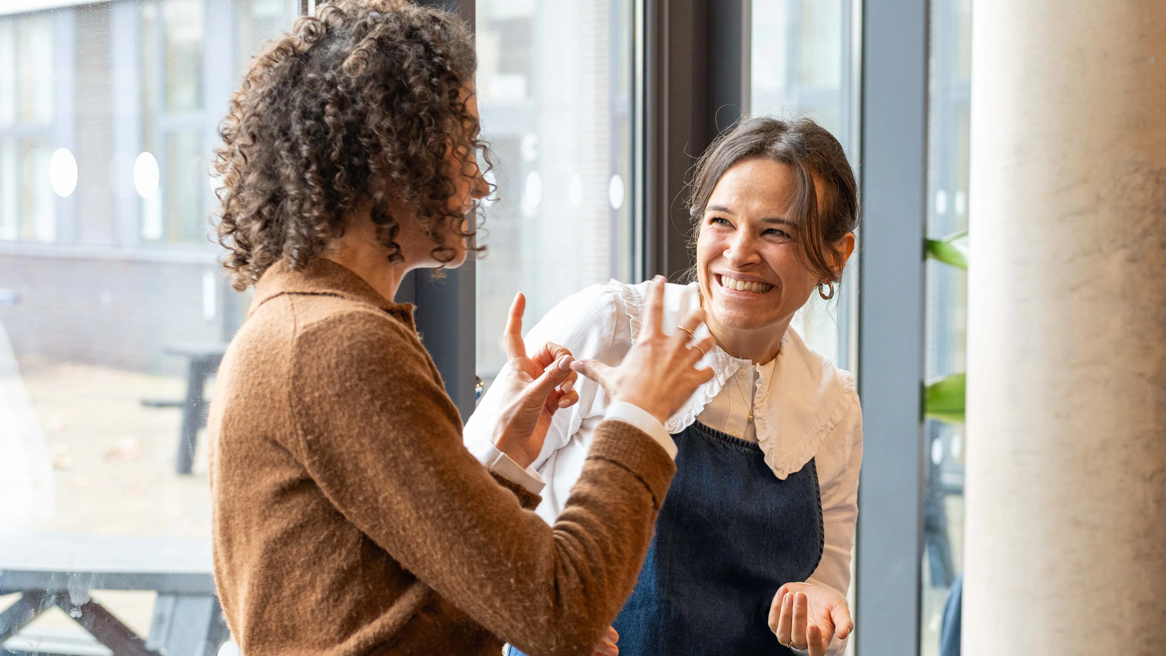 Two women chatting and laughing by a window