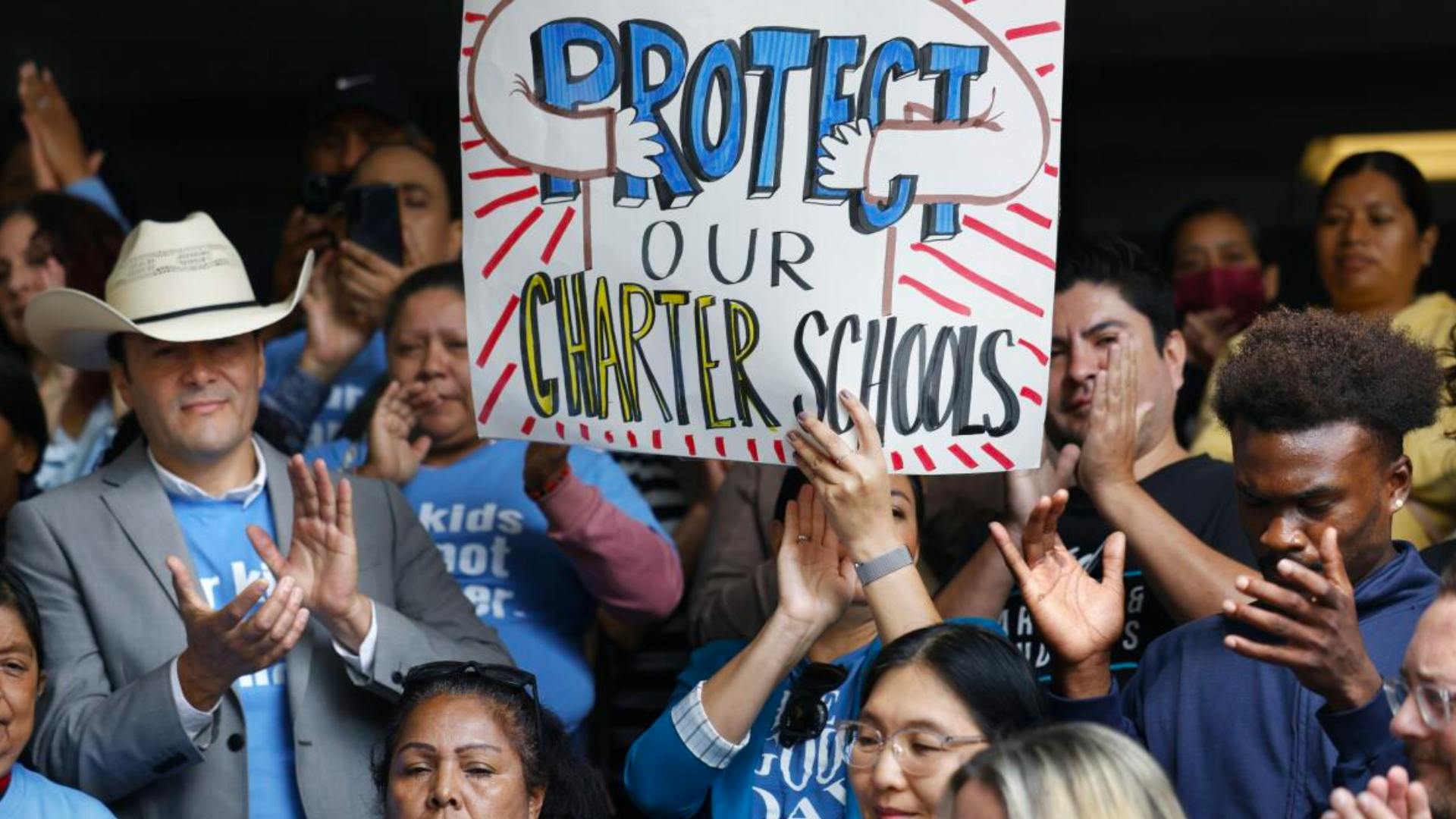 Photo of charter school parents, educators and supporters rallying outside of Los Angeles Unified School District Headquarters in downtown Los Angeles in Sept. 2023 ahead of a resolution which could make more than 200 LAUSD district campuses ineligible to share space with charter public schools.