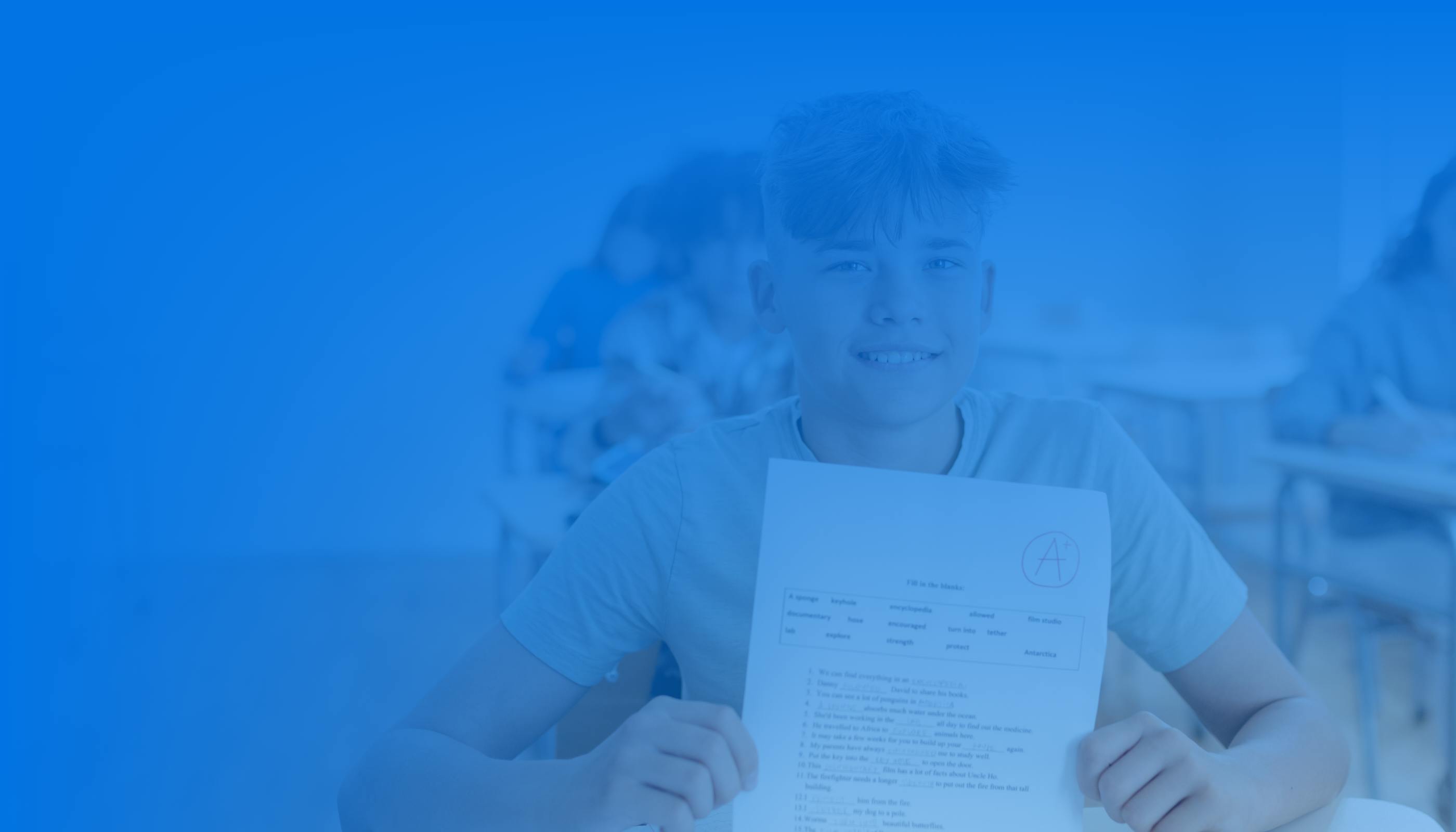 Charter school student showing us their A+ graded assignment. 