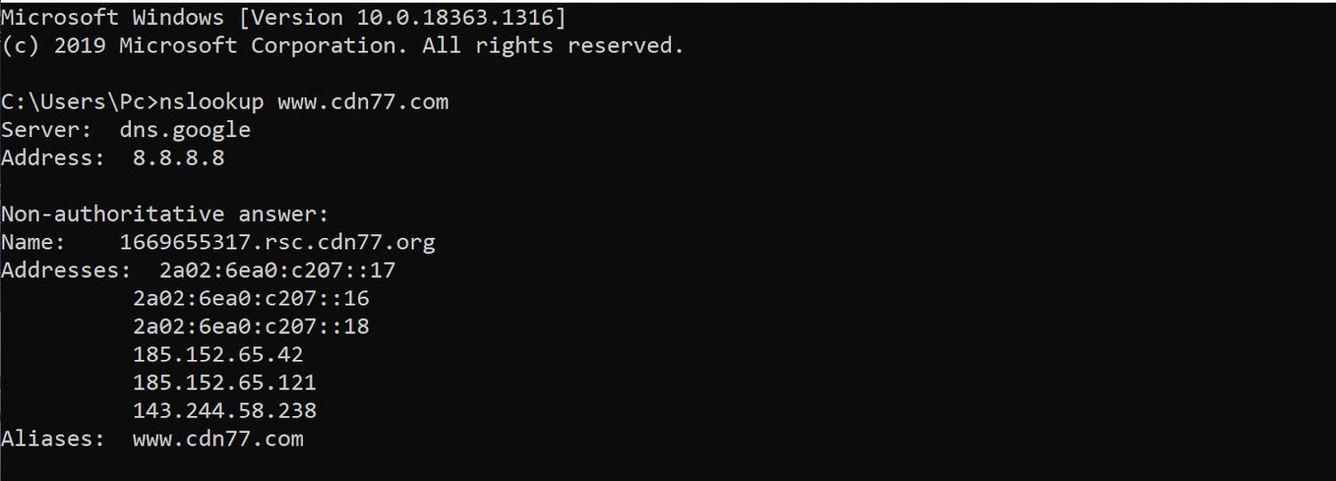 nslookup and answer section on windows