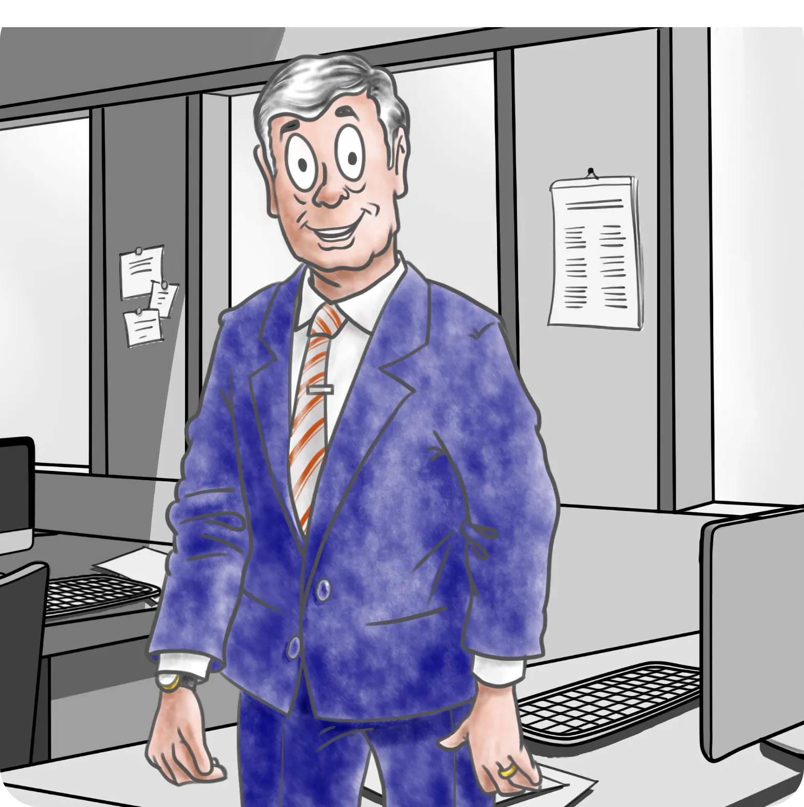 Salesman standing in front of desk
