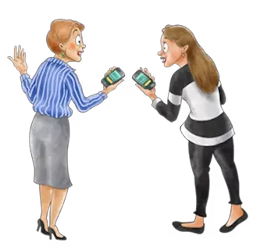 An illustration of two women holding up their cellphones