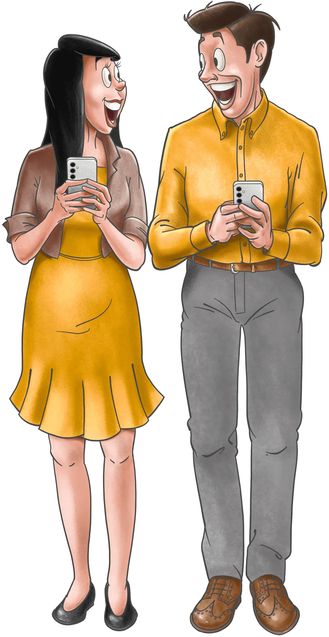 Illustration of a man and a woman holding a smart phone and smiling at each other.