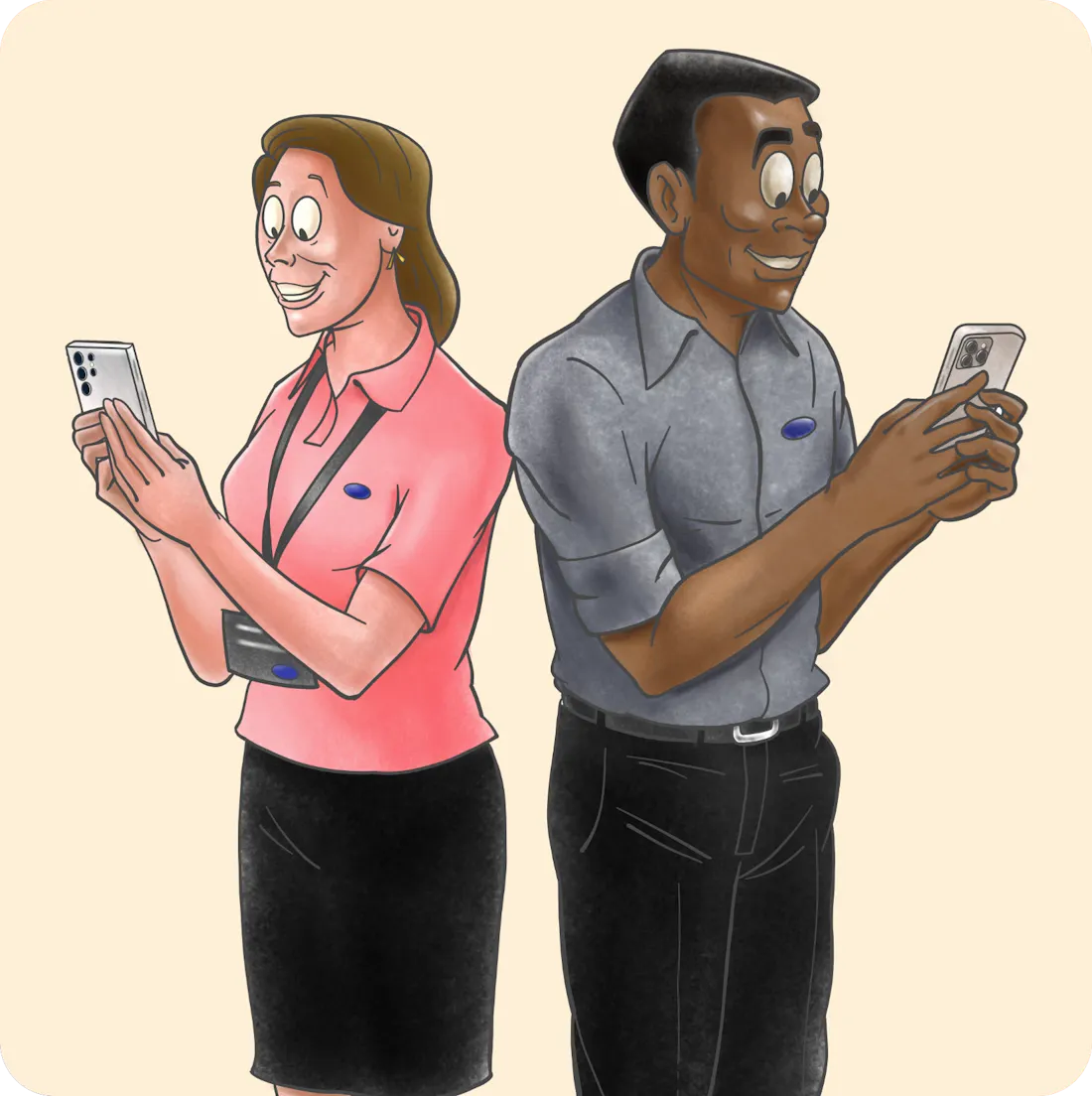 A man and a woman back to back looking at their smart phones