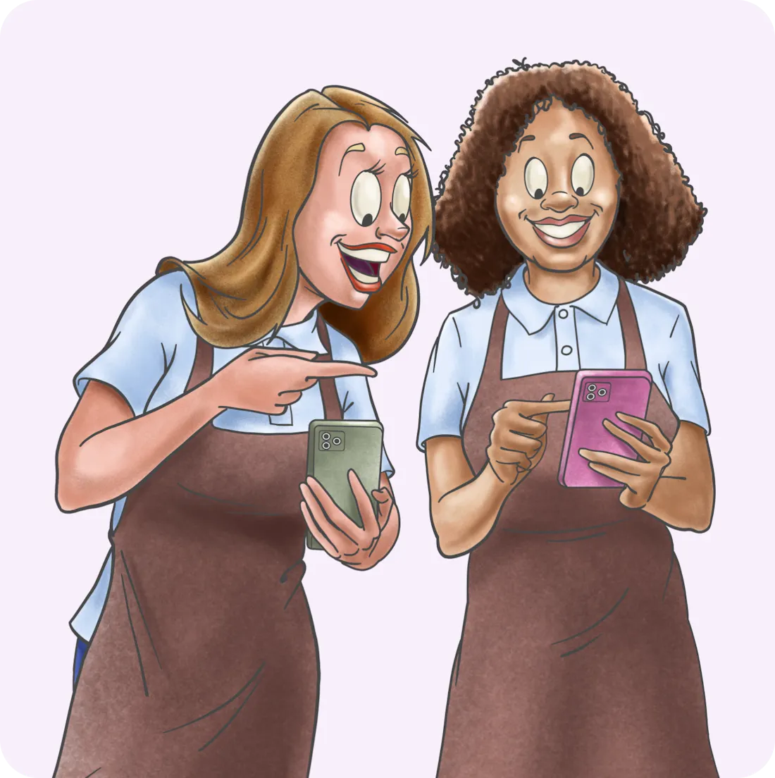 Illustration of a couple of ladies on their smart phones smiling