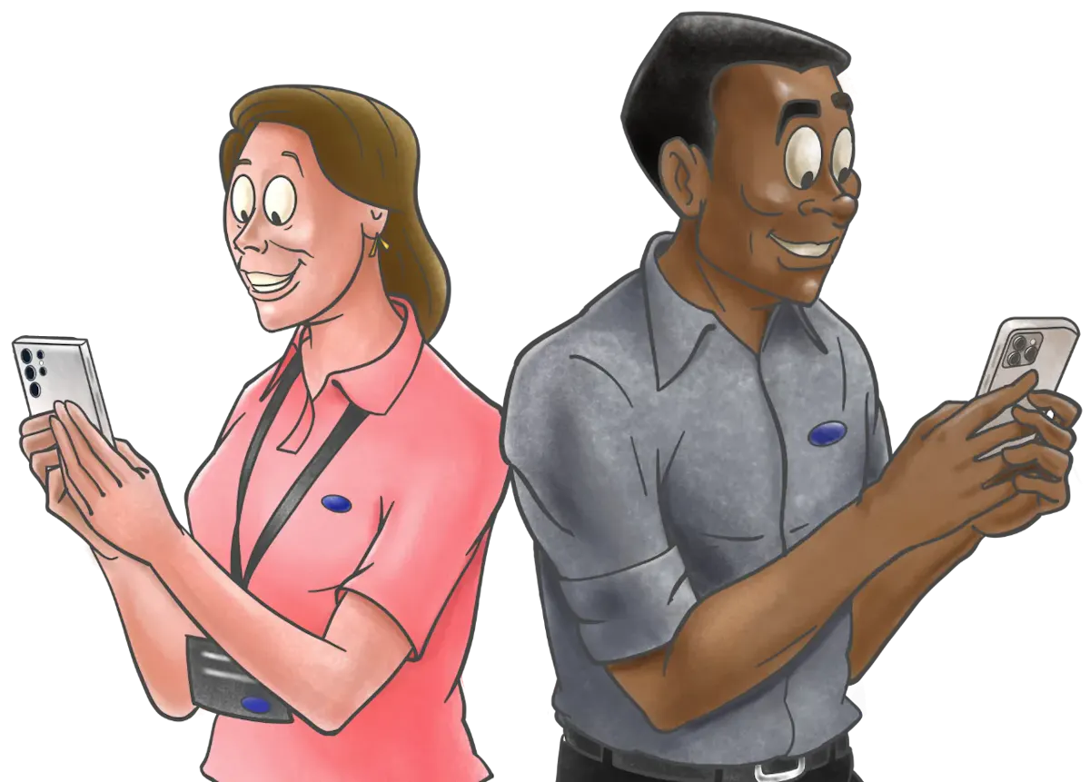 Illustration of a man and a woman back to back looking at their smart phones