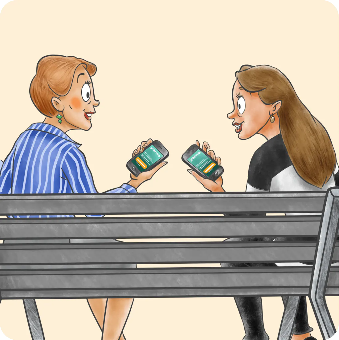 An illustration of two women sitting on a park bench holding up their cellphones