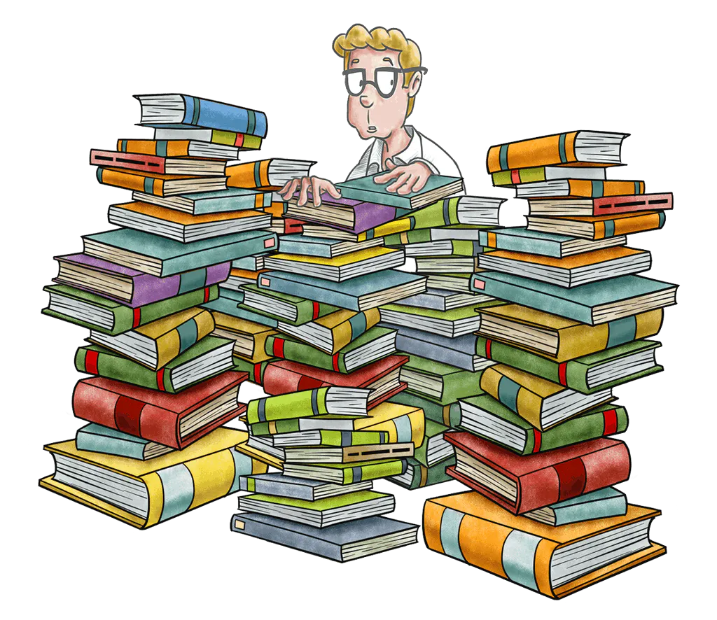 Dave surrounded by piles of books