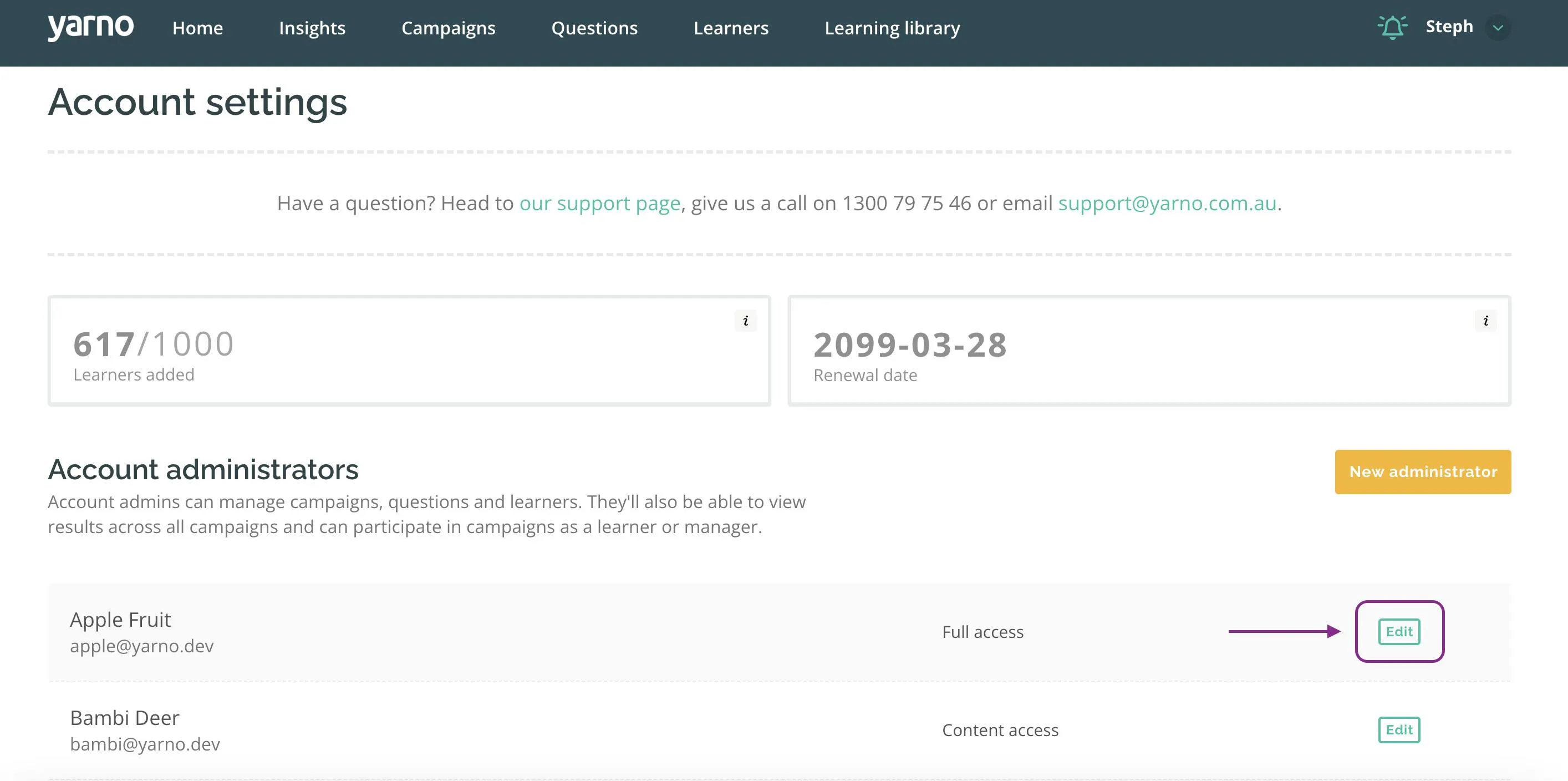 Account settings page with arrow pointing to the 'Edit' button beside an admin