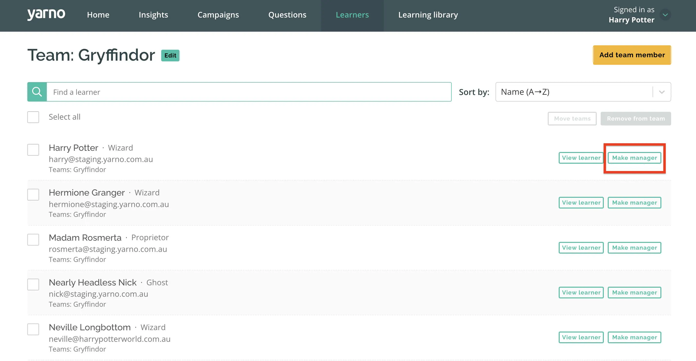 Individual team page with 'make manager' beside a learner circled
