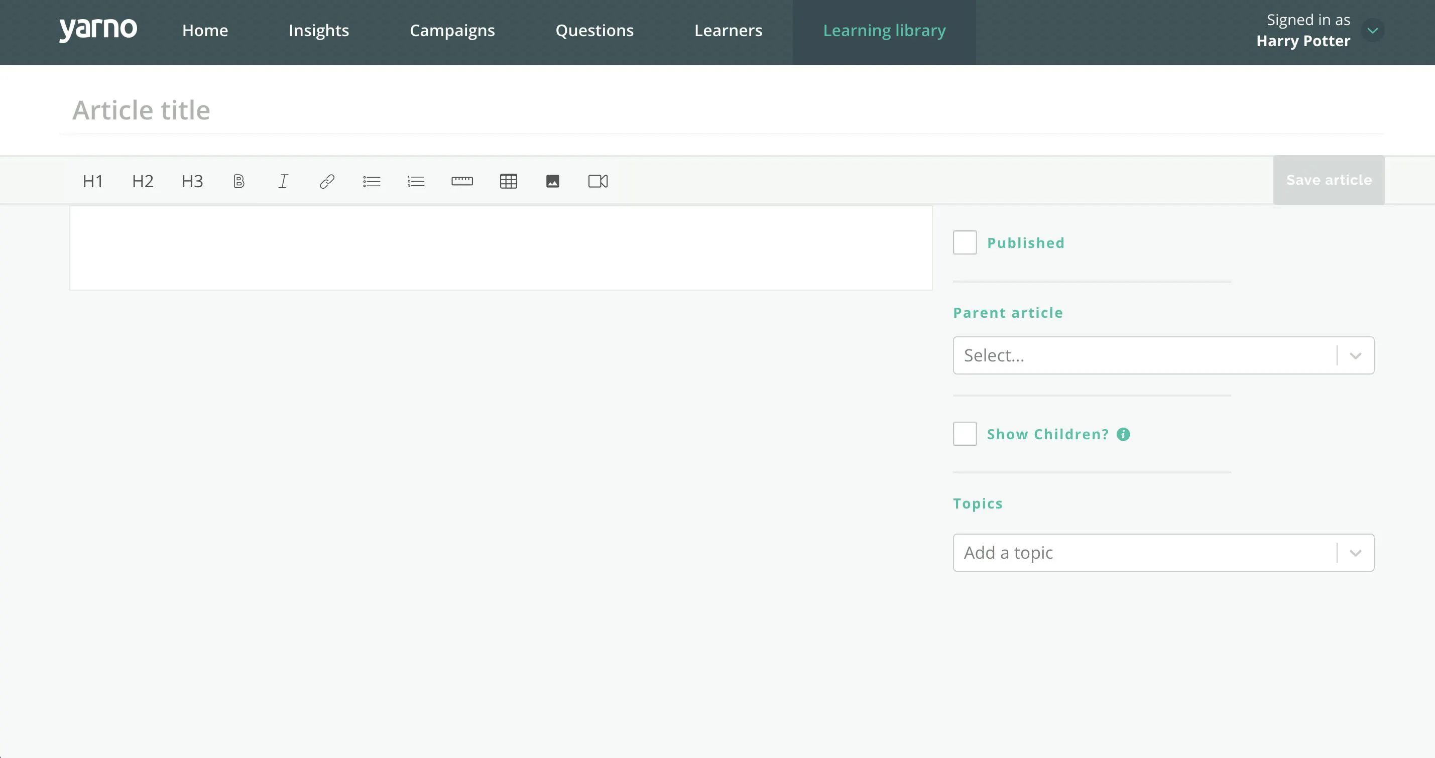 Screenshot of Learning Library article edit view