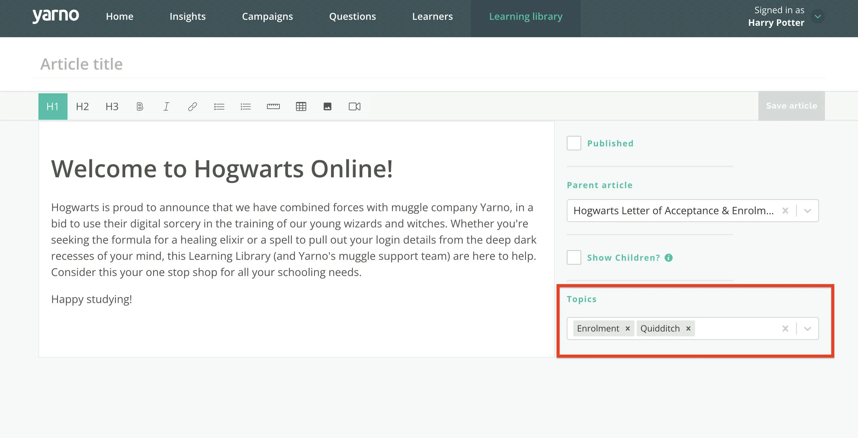 Screenshot of a Learning Library article being edited