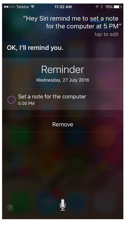 A screenshot of a reminded set using Siri