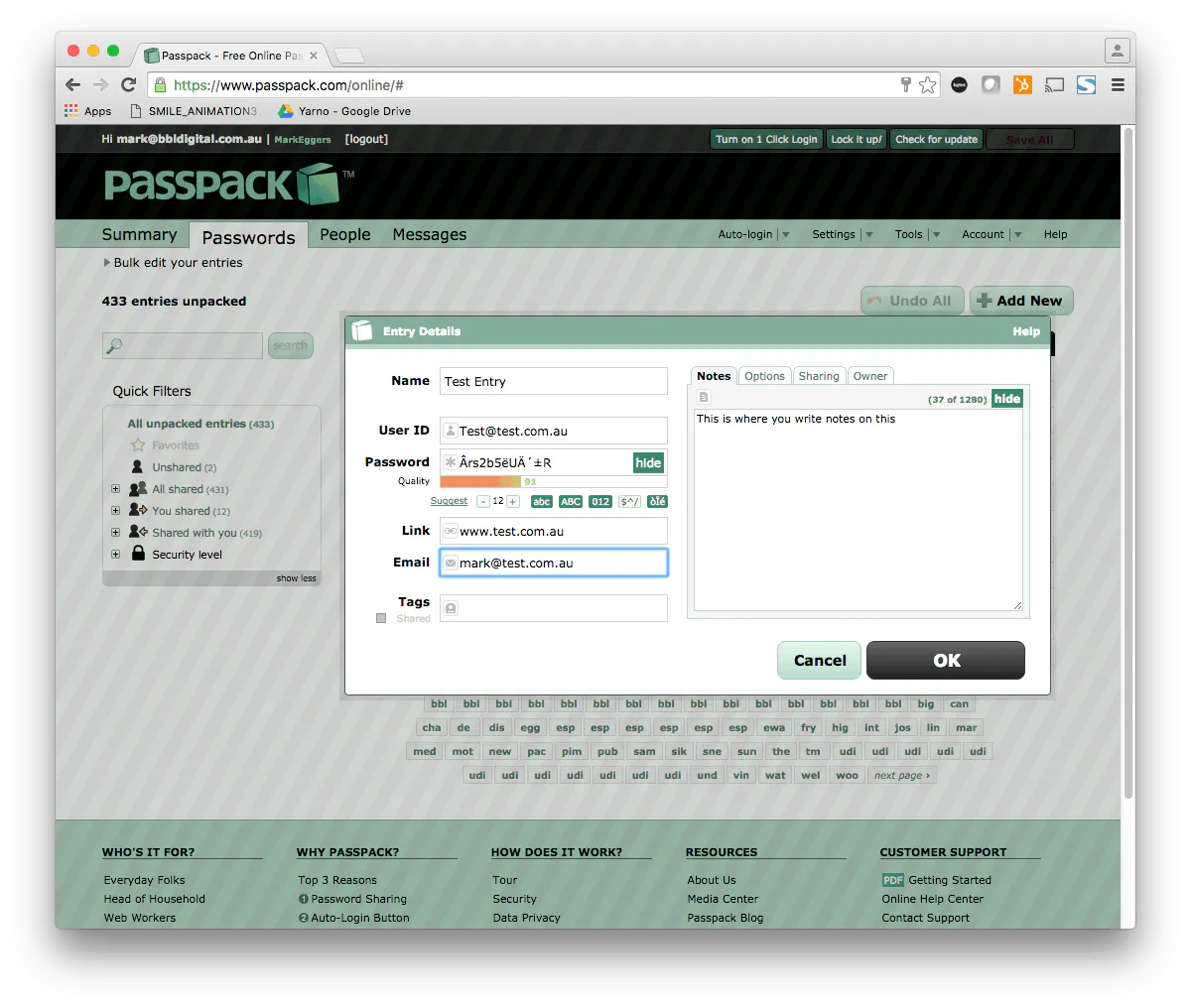 Adding a new entry into Passpack