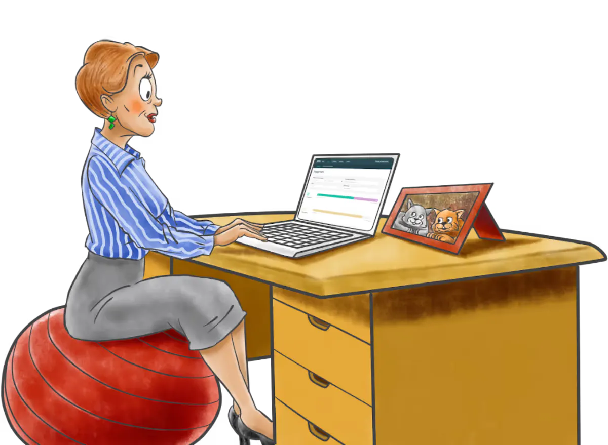 A lady sitting on a yoga ball typing on a laptop