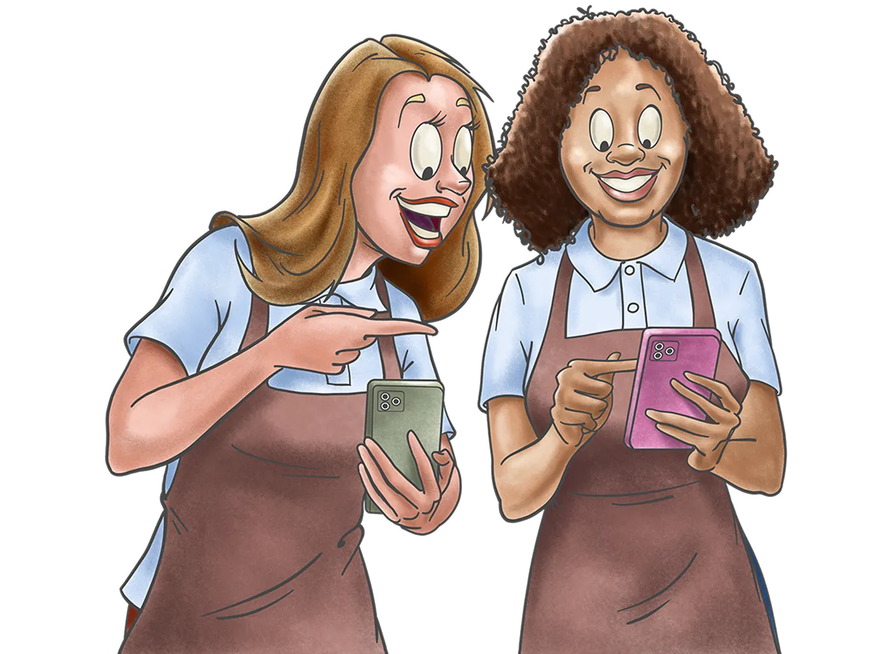 An illustration of two women playing on their cellphones laughing
