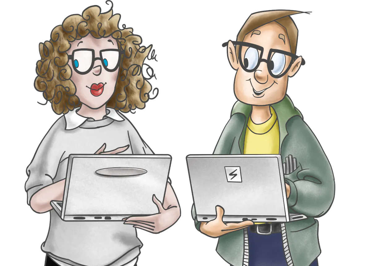 A man and woman both holding a laptop