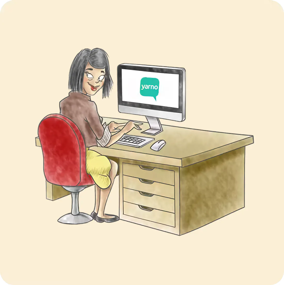 Woman sitting at a desk with Yarno logo on her computer screen