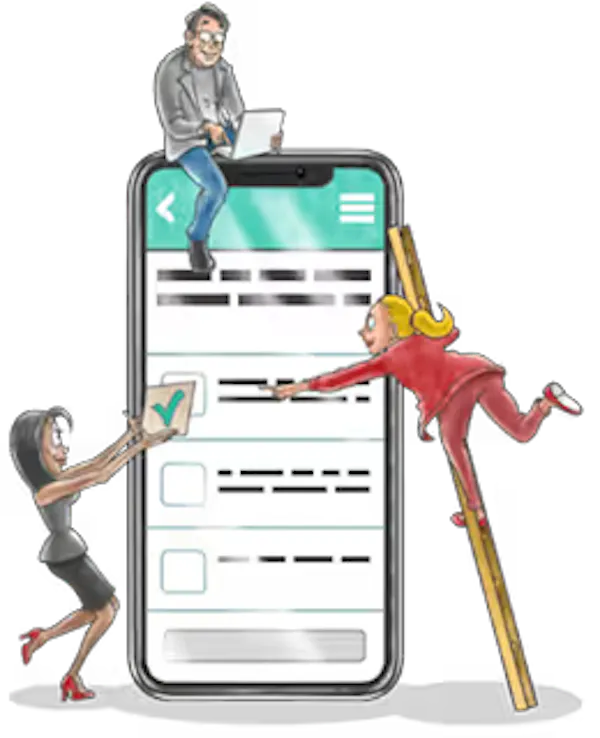 An illustration of three people with a giant iphone