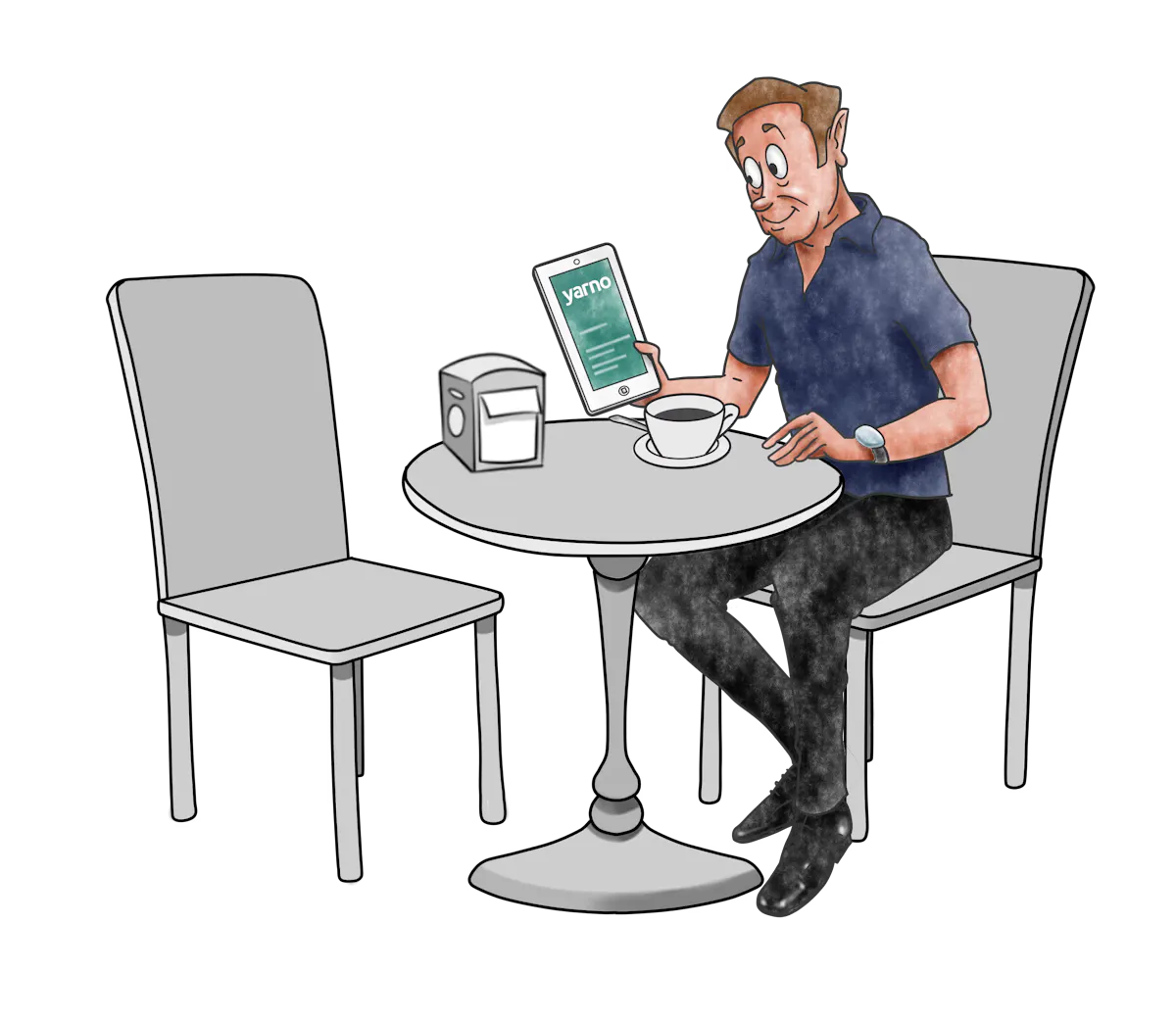 An illustration of a man sitting on chair holding up an iPad