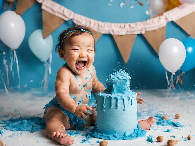 a baby girl celebrating a blue cake smash for her first birthday 