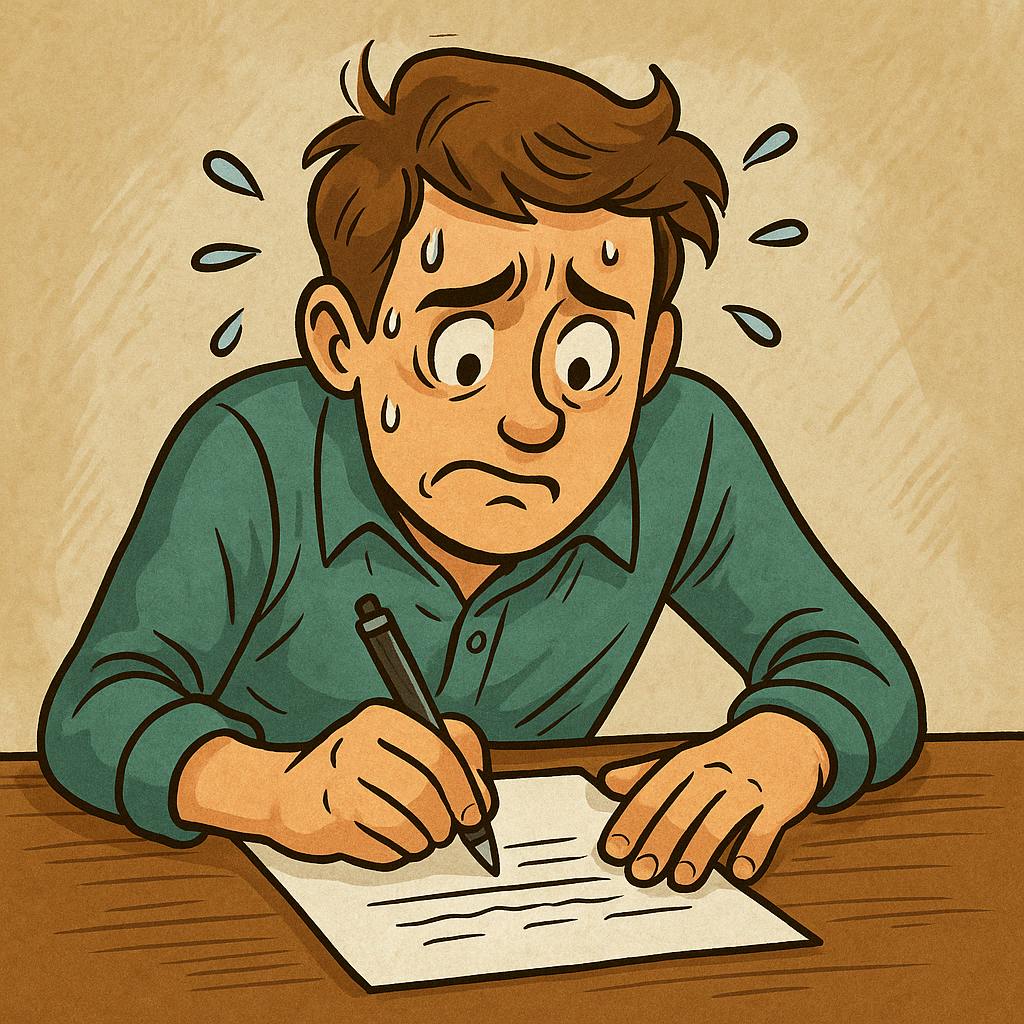comical visual of person nervously writing