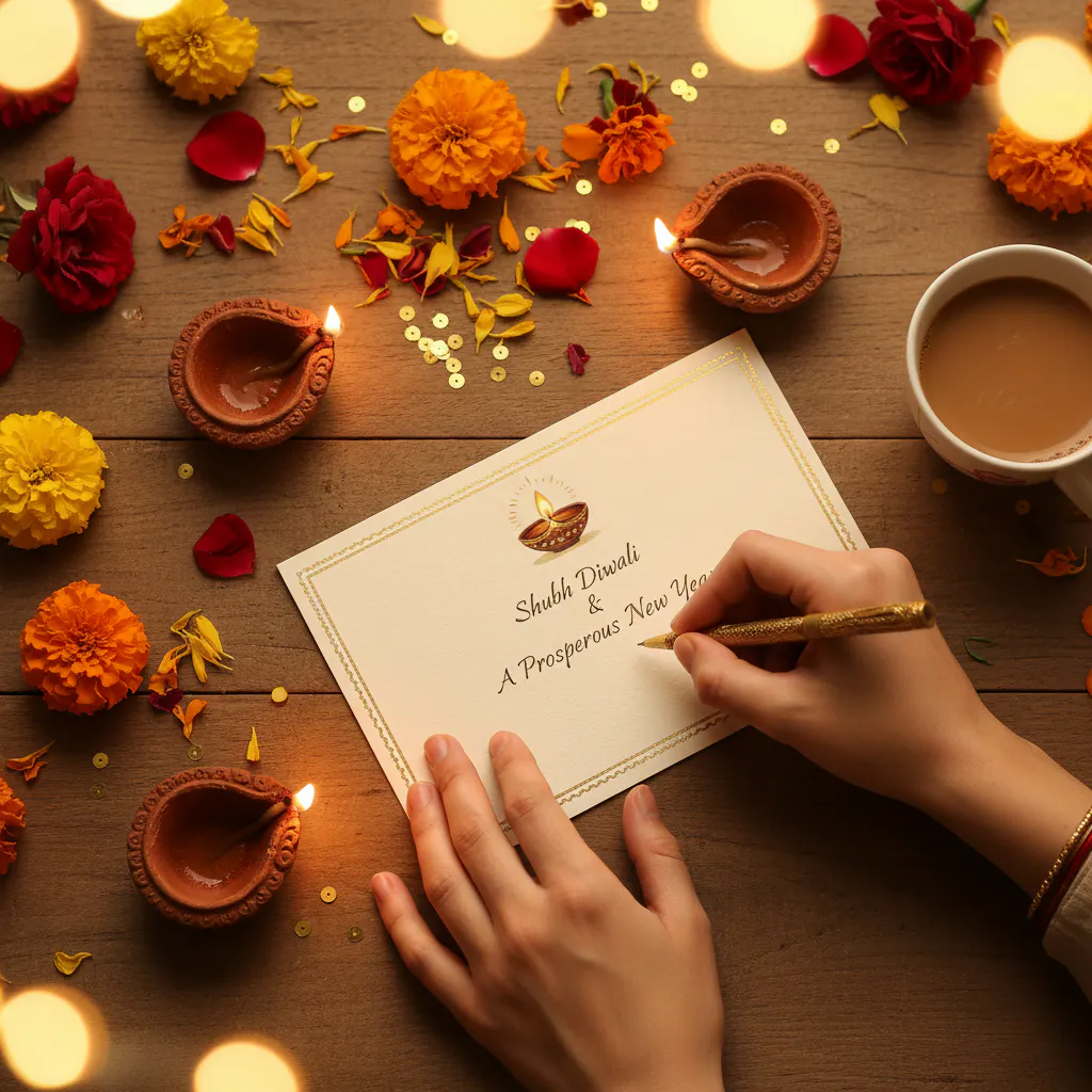 Handwritten Diwali greeting card with diya and flowers.