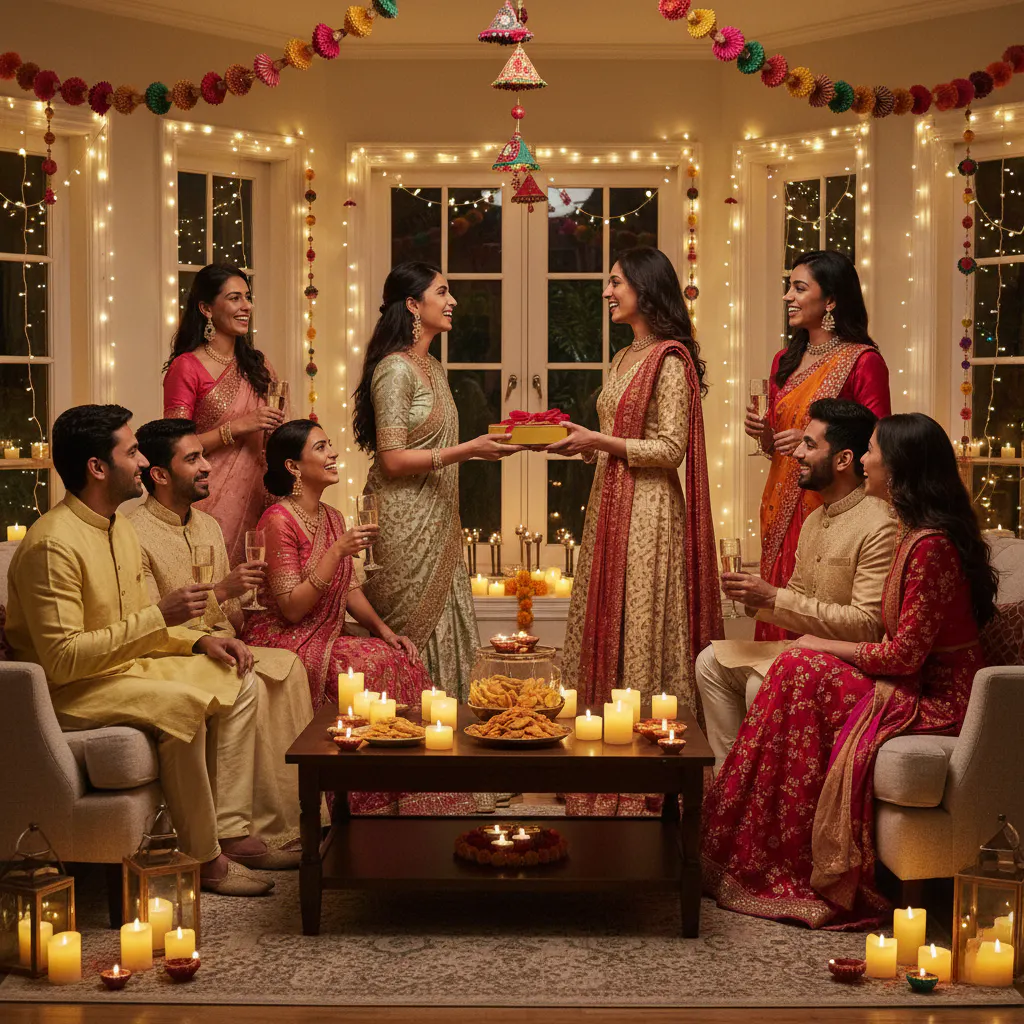 Guests arriving at a beautifully decorated Diwali party.