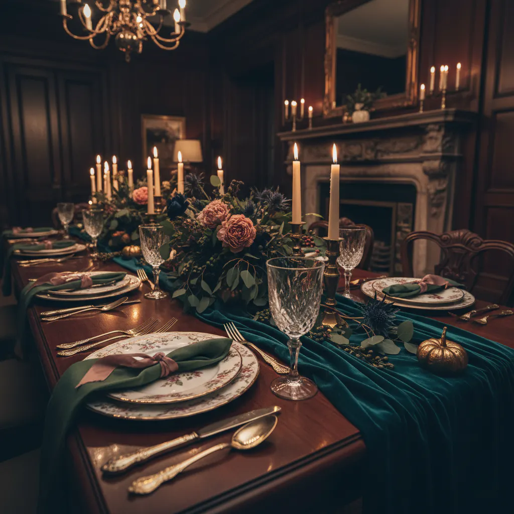 Elegant Thanksgiving table setting with candles, floral centerpieces, and vintage dinnerware.