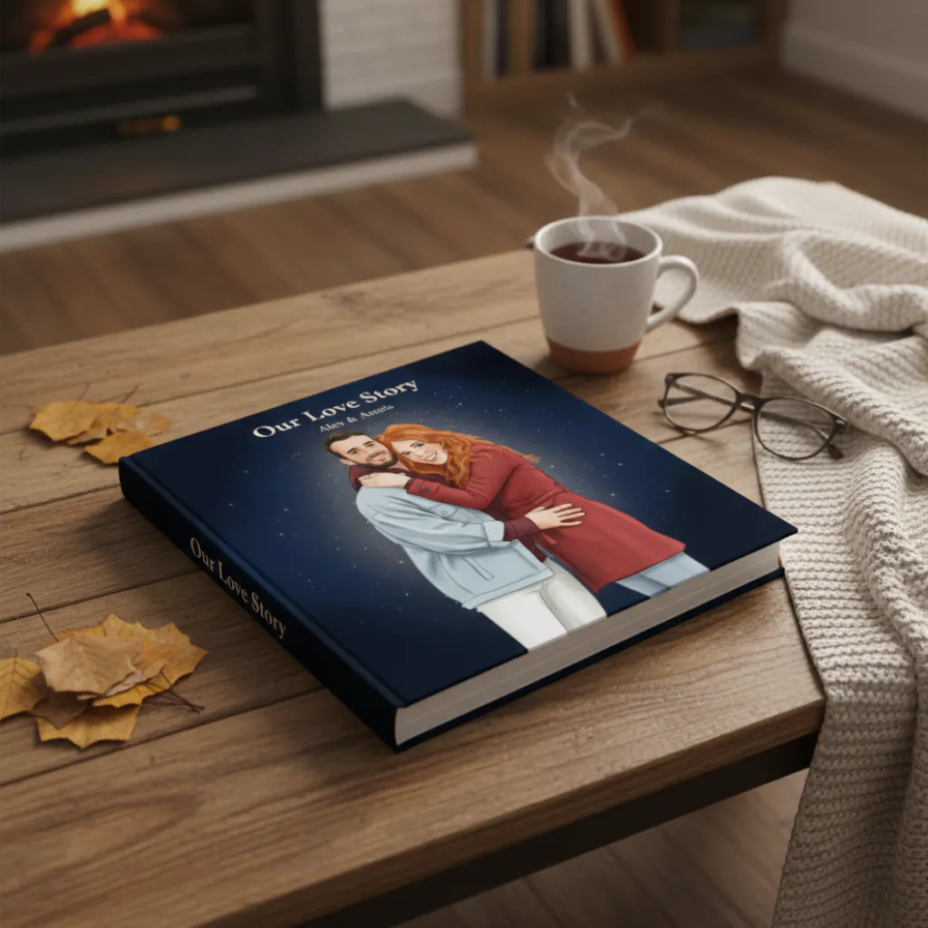Personalized love story book placed on a cozy coffee table