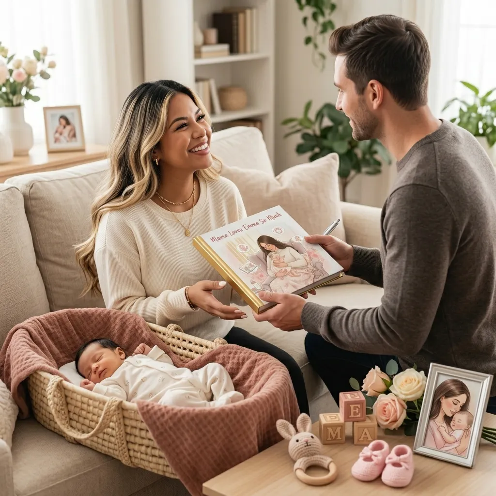 Partner gifting a personalized book to a smiling new mom while their baby rests nearby, capturing a thoughtful First Mother’s Day moment.