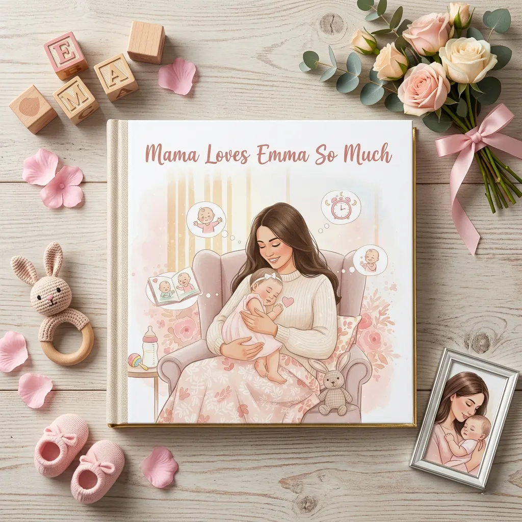 Customized “Mama Loves Emma” book with baby keepsakes and flowers, meaningful and sentimental First Mother’s Day gift concept.