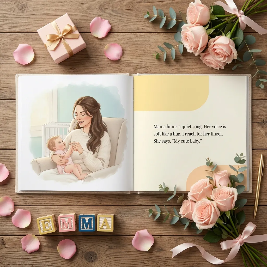 Illustrated personalized storybook with a mother and baby, surrounded by roses and a gift box, perfect First Mother’s Day gift idea.