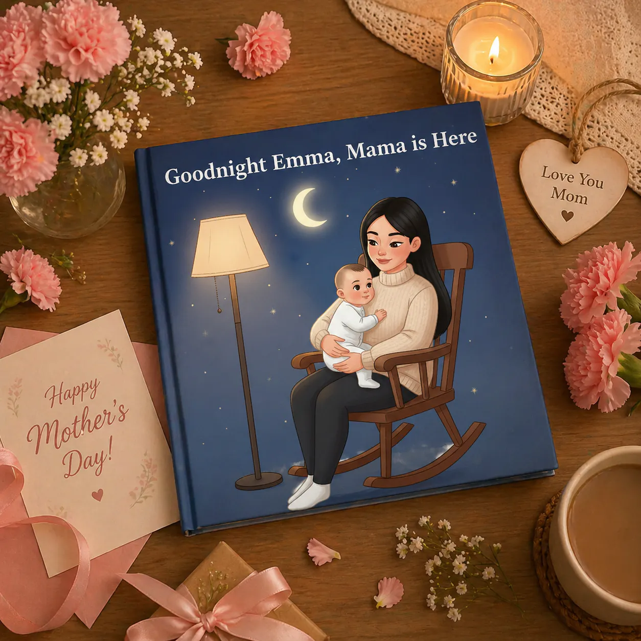 Personalized First Mother’s Day book with floral decor and candle setup