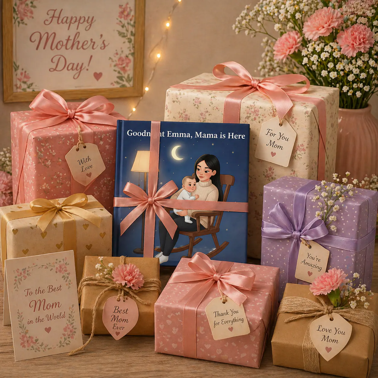 Mother’s Day gift setup with personalized book and wrapped presents