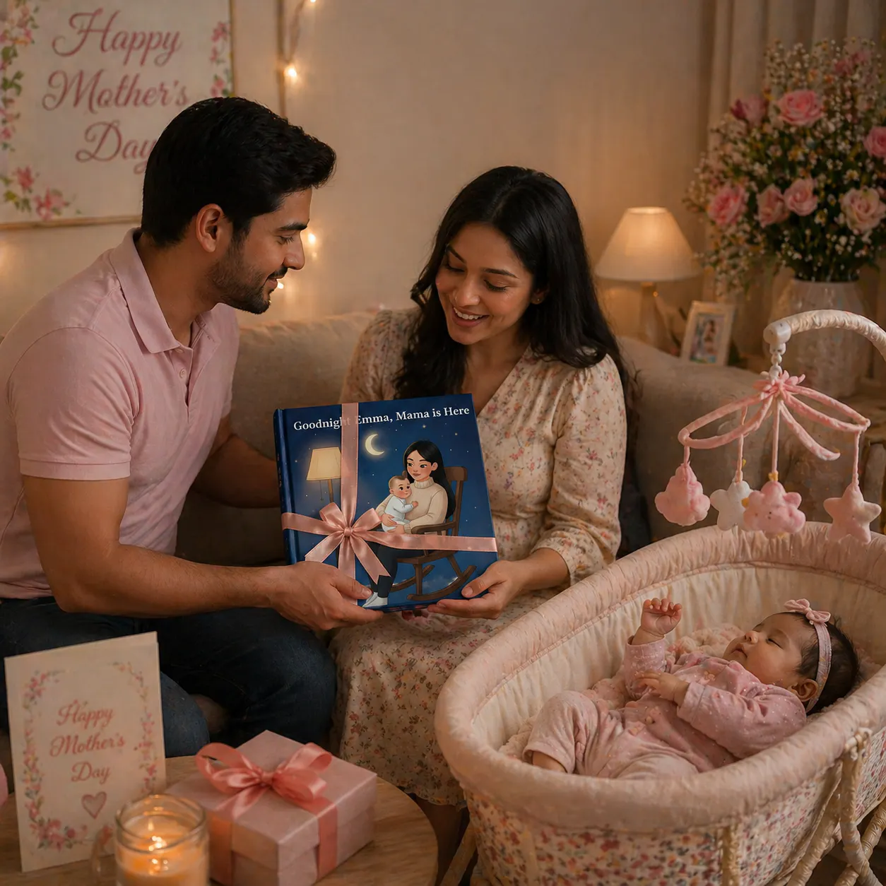 Father gifting personalized Mother’s Day book to new mom with baby nearby