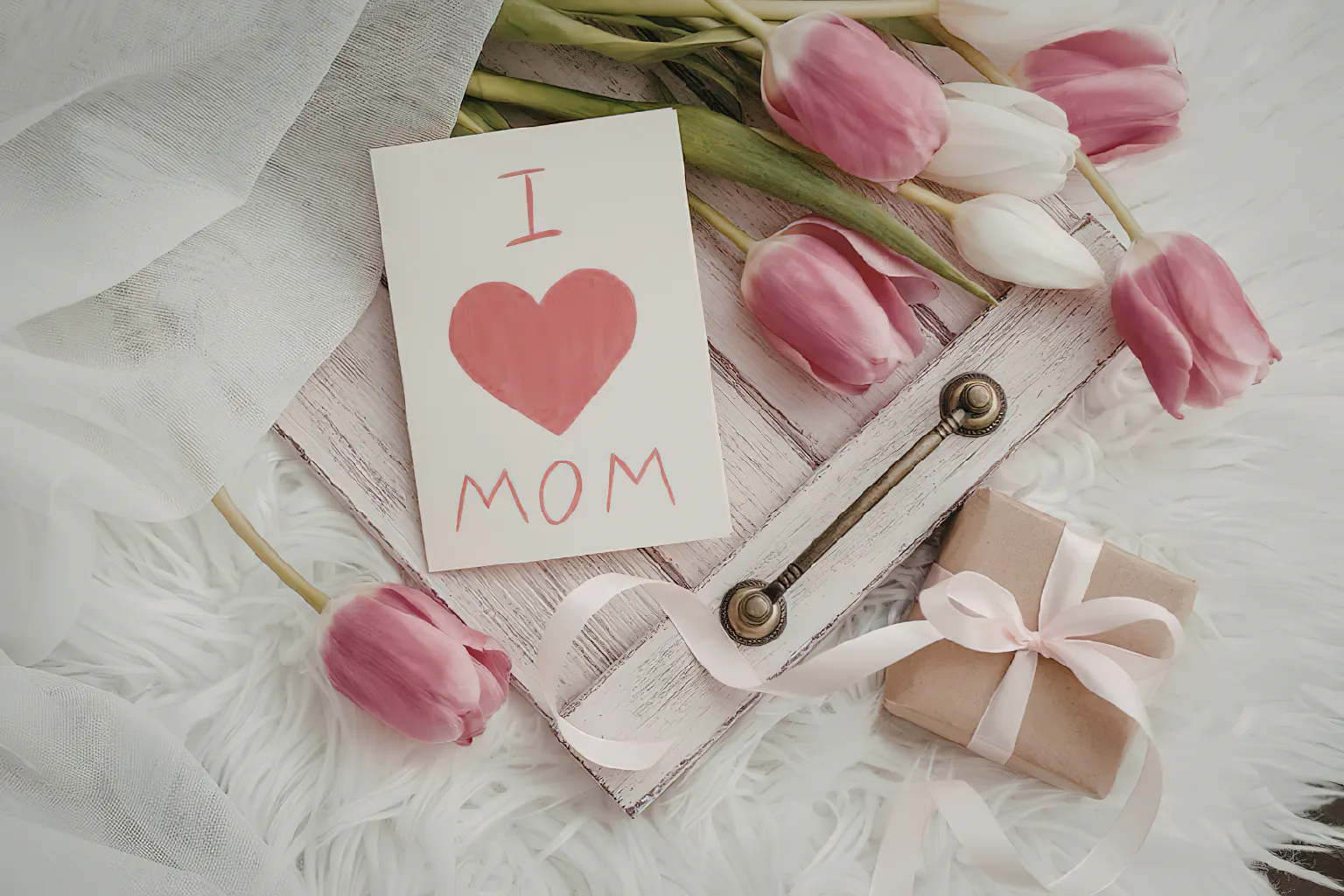 First Mother’s Day card with tulips and gift box arranged on a soft aesthetic background