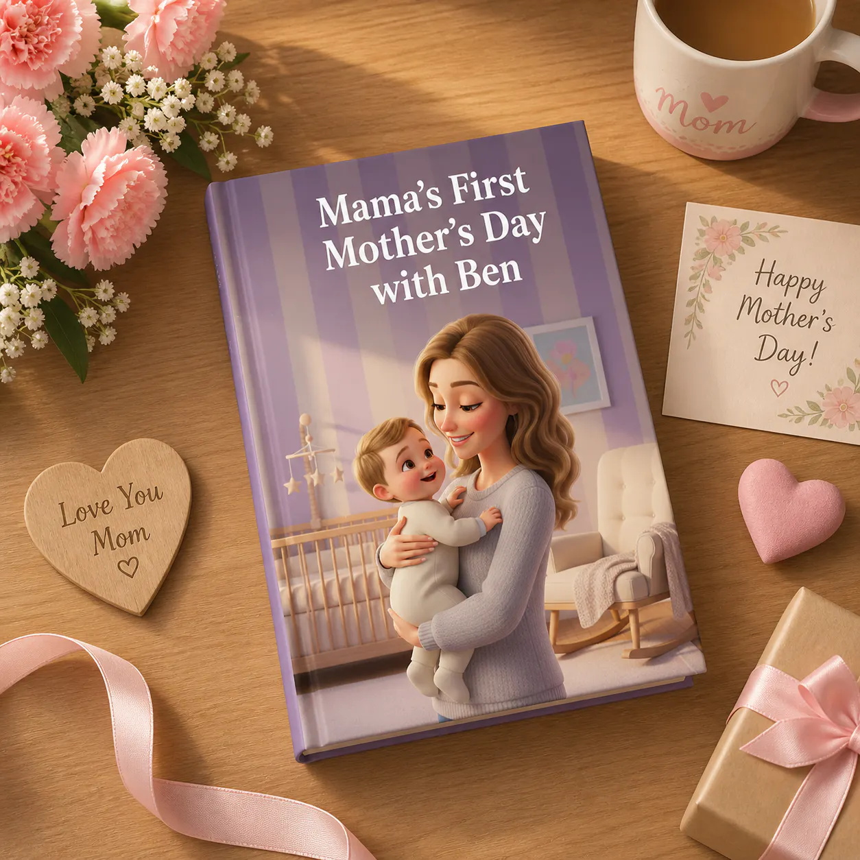 Personalized Mother’s Day book with floral decor and heartfelt gift setup