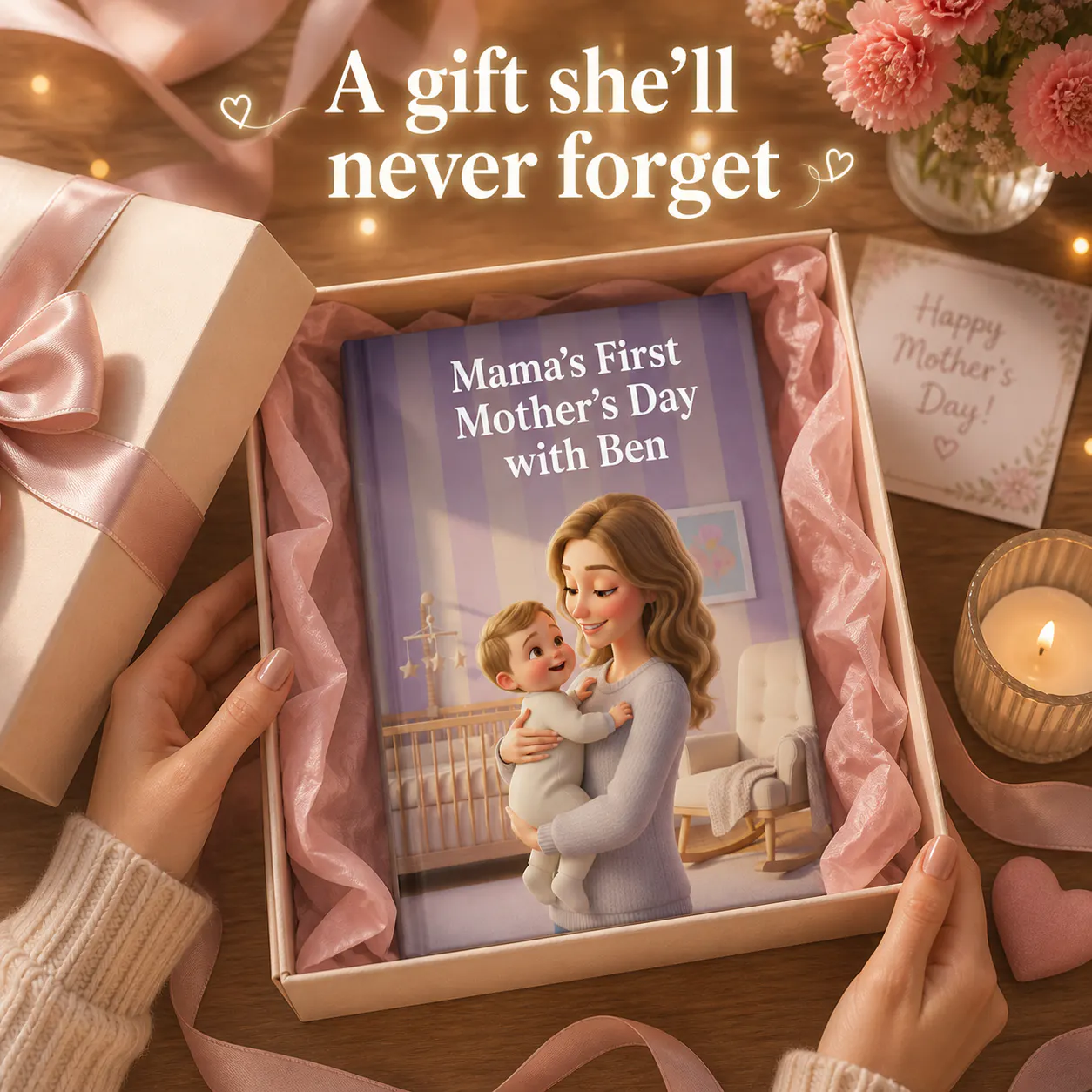 Personalized First Mother’s Day book gift unboxing with flowers and soft lighting