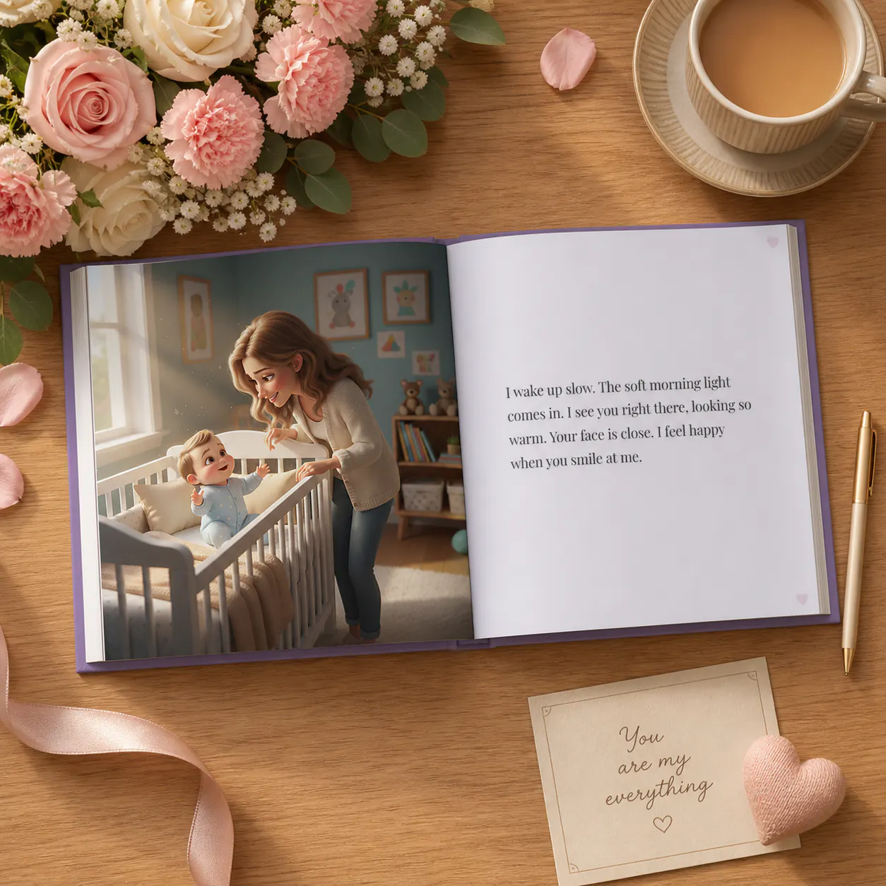 Open personalized Mother’s Day book showing mom and baby illustration on table