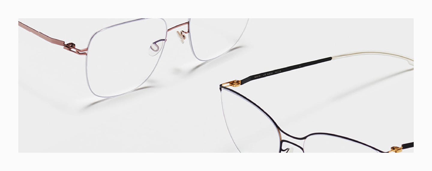 2 lunettes de vue Mykita série lessrim Momo métal rose carrée mode vintage et Mykita Bjelle métal bleu et dorée classique  